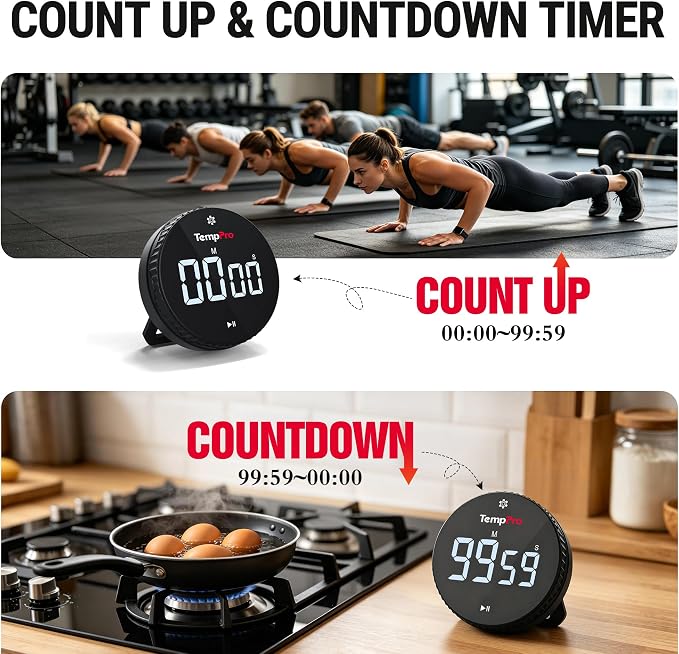 TempPro Magnetic Kitchen Timers for Cooking, Digital Timer for Kids Teacher | Countdown Timer with Easy-Twist Knob, Loud Alarm & Silent Mode, Classroom Timer with Large LED Display for Office Workout