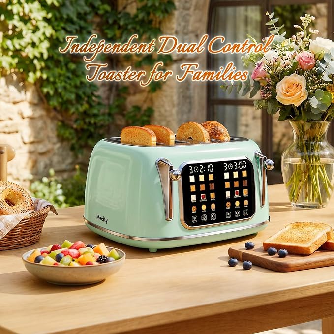 Mecity Toaster 4 Slice, Touch Screen Wide Slot Retro Toaster For Breads Bagel Muffin Waffle, House Warming Gift New Home, 120V 1650W, Light Green