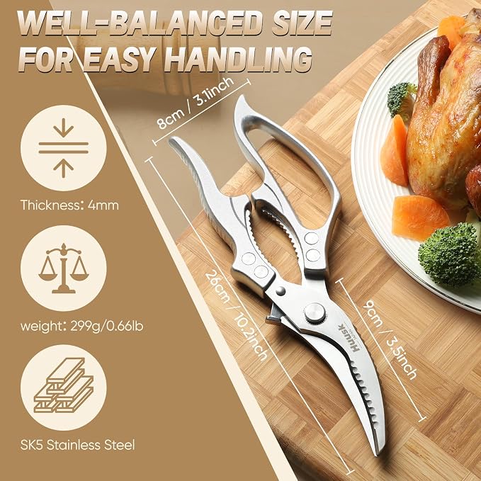 Huusk Poultry Shears Heavy Duty – All Purpose Japanese Kitchen Scissors | SK5 Steel Kitchen Shears for Meat, Fish, Vegetables, Chicken Bones, Turkey, Ergonomic Non-Slip Silver Handle, Gifts for Women