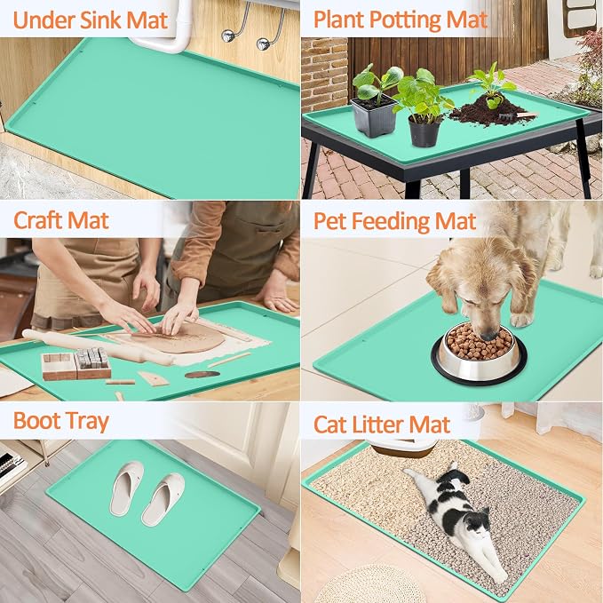 Silicone Coffee Maker Mat with Lip for Countertops, 19.7''x15'', Mint Green | Multi leak-proof coffee tray for countertop, non-slip silicone tray for under coffee machine espresso accessory, wipe-clean