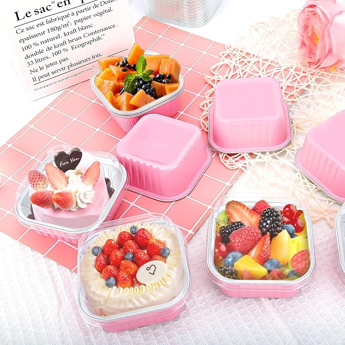 100Pack 5oz Pink Mini Cake Pans with Lids Baking Cups Aluminum Foil Pans Tins, Individual Dessert Cups Containers for Sales,Party,Picnics
