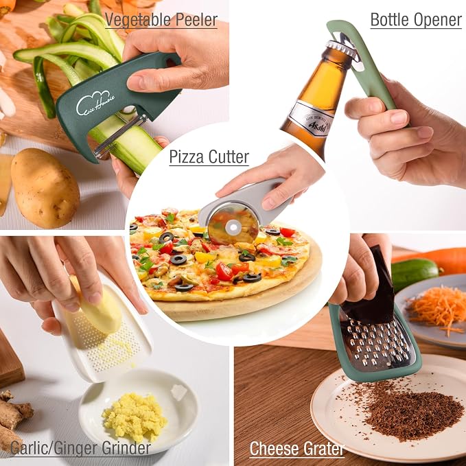 Kitchen Gadgets Set 13 Piece, Space Saving, RV Essentials, Green | Space Saving Cooking Tools, Collapsible Measuring Cups, Measuring Spoons, Stackable Kitchen Gadgets for Small Space