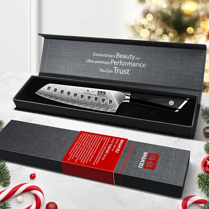 SHAN ZU Damascus Chef Knife Santoku Knife 7 Inch | Professional Kitchen Knives, 67 Layers Damascus Stainless Steel 10Cr15CoMoV Cooking Knife with G10 Handle/Gift Box