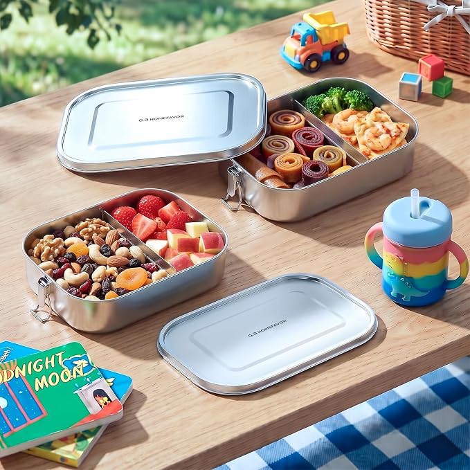 G.a HOMEFAVOR Stainless Steel Bento Lunch Box, 2-Compartment, 1200 ml/40 oz | Leak-Proof, Dishwasher Safe, BPA-Free, with Lock Clips, Meal Prep, Large Food Container, for Adults