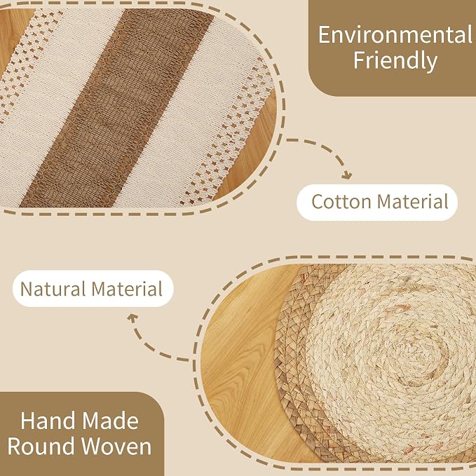 Handmade Boho Placemats Set of 6 | Natural Woven & Fabric Cotton Combo Table Mats | 12-Piece Versatile Place Mats | Rustic Farmhouse Style Dining Table Decor
