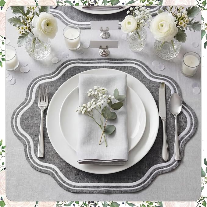6 Pcs Gray Wedding Placemats Scalloped Embroidered Cotton Linen Placemats 17" x 13" Double Layered Machine Washable Table Place Mat for Party Table Decor (Cotton)