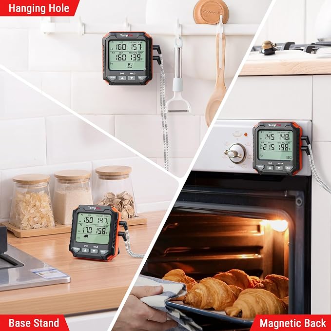 TempPro TempTrack Digital Meat Thermometer for Cooking with 2 Meat Probes | Large LCD Backlit Oven Probe Thermometer, Kitchen Food Thermometer with Temp Alert for Smoker, BBQ,Grill