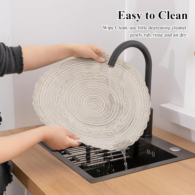 SHACOS 15 inch Round Braided Placemats Set of 12 for Dining Table Woven Boho Place Mats Kitchen Placemat Washable Table Mats, Ivory Bordered