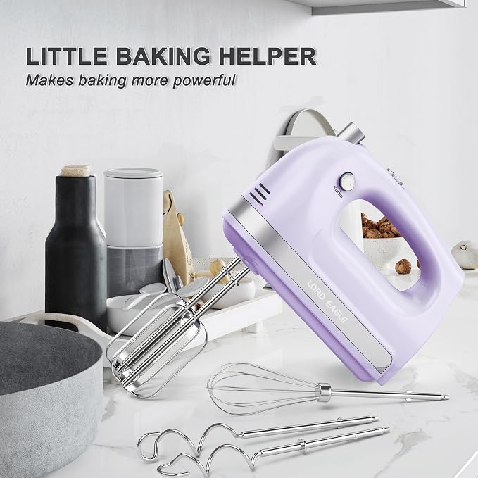 Lord Eagle Hand Mixer Electric Handheld 400W, 5-Speed Lightweight, Purple | Kitchen Mixer with Storage Case, 5 Stainless Steel Attachments for Baking Cake Egg Cream Food Beater, Turbo+Eject Button