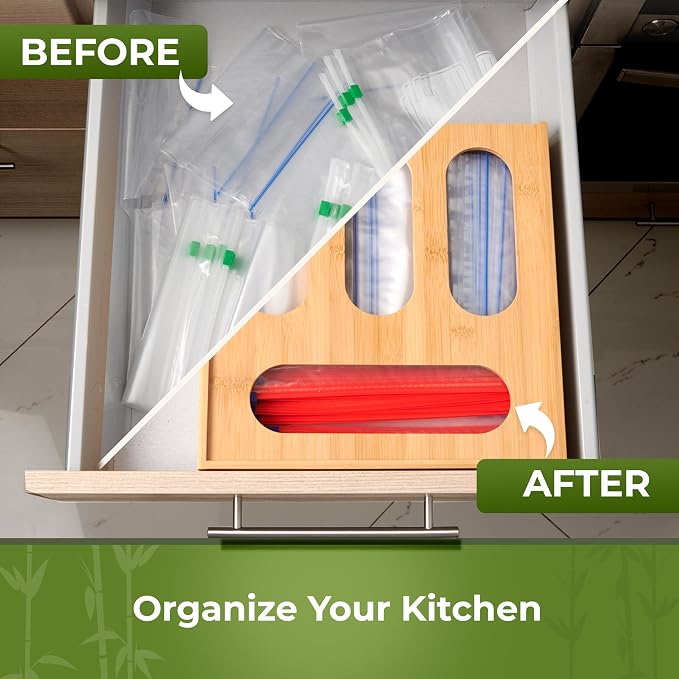 Bamboo Storage Bag Organizer for Drawer – Plastic Bag Organizer for Kitchen | Single Block Design, Quick Refill Slider – Fits Half Gallon, Quart & Snack Size Bags