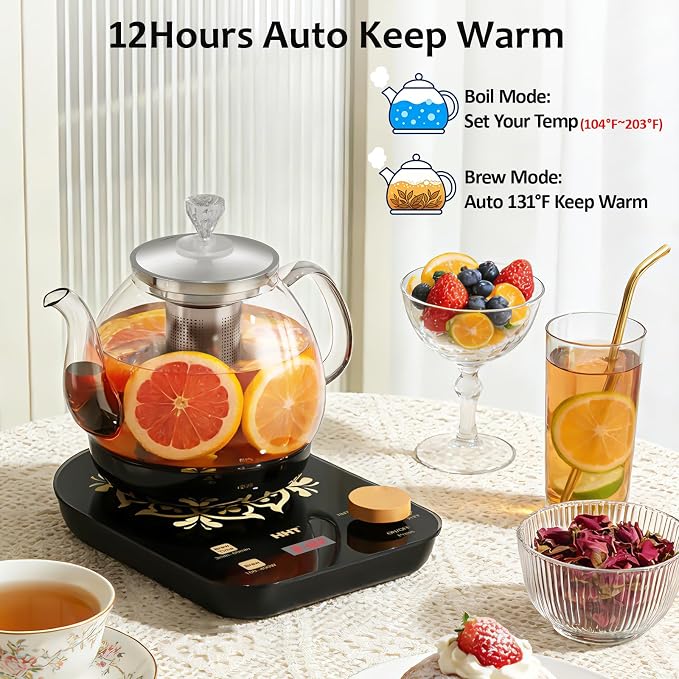 HHT Electric Tea Maker with Infuser, ±1℉ Precise Temperature Control, Glass Electric Kettle for Herbal,Flowers,Fruit Tea and Loose Leaf,BPA-Free,Auto Shut-Off,Brewing Program,Keep Warm,0.8L
