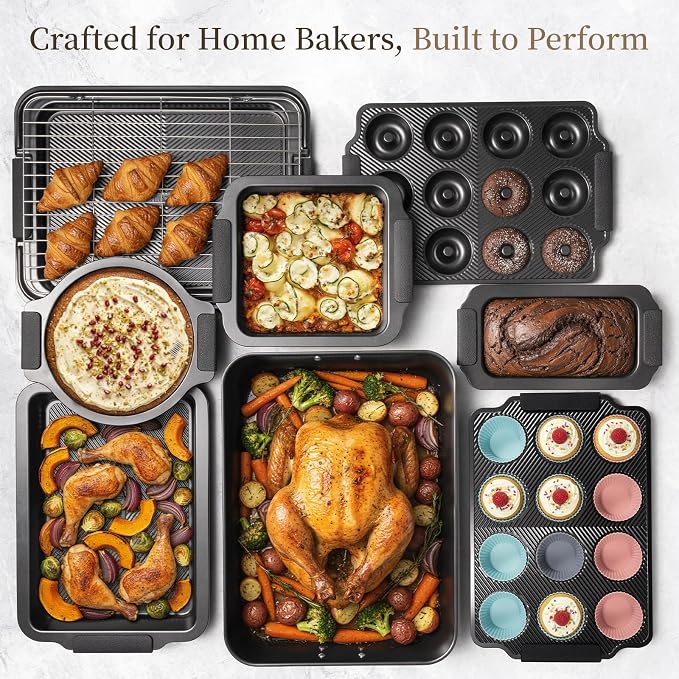 Kikcoin 25-Piece Nonstick Baking Pans Set with Large Turkey Roasting Pan, Stackable Bakeware Set, 450°F Oven Safe Baking Sheet Set with Silicone Handles, Carbon Steel Cookie Sheets for Baking, Black