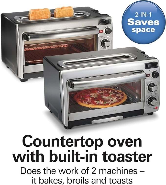 Hamilton Beach 2-in-1 Countertop Toaster Oven and Long Slot 2 Slice Toaster | Bake, Broil Toast | 2 Rack Positions | 60 Minute Timer | Automatic Shut Off | Shade Selector | Stainless Steel | 31156J