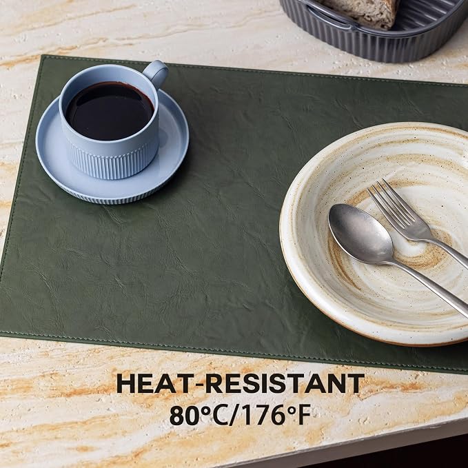Baroyal Faux Leather Placemats Set of 4 Vinyl Washable Wipeable Table Mats for Kitchen Dining Table Heat Resistant Waterproof Indoor/Outdoor Placemats Non-Slip Easy Clean Place Mats (Olive Green)