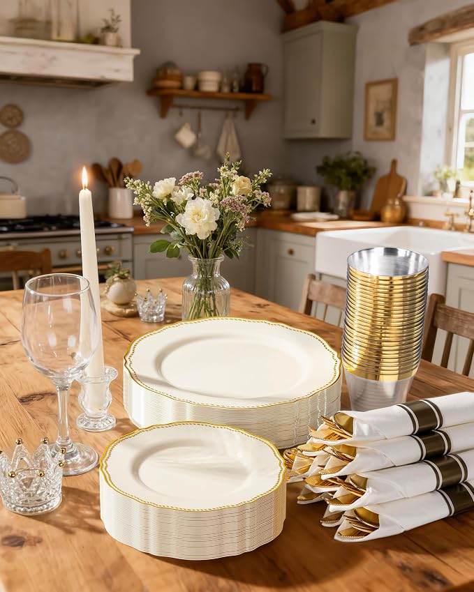 175 Pcs Ivory Gold Plastic Plates Wedding & Party | Gold Plastic Dinnerware Set Includes 25 Dinner Plates, 25 Dessert Dinnerware, 25 Cups, 25 Napkins Perfect