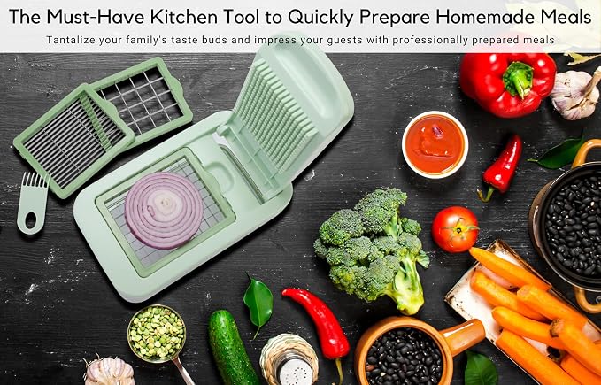Onion Chopper Vegetable Dicer: Brieftons QuickPush Push-Down Food Chopper, Green, 3 Extra Large Blades, 200% More Cutting Area, 2.6-Quart Container, No Electricity, 12mm/23mm Dice & 6mm Slice