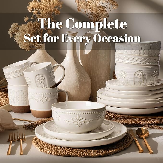 Plates And Bowls Sets, 16 Pieces Dinnerware Sets, Dish Set For 4, Ceramic Kitchen Bowl And Plate Set, Embossed White Dishware Sets, Dishwasher & Microwave Safe (Multiple Patterns) (With Mugs)