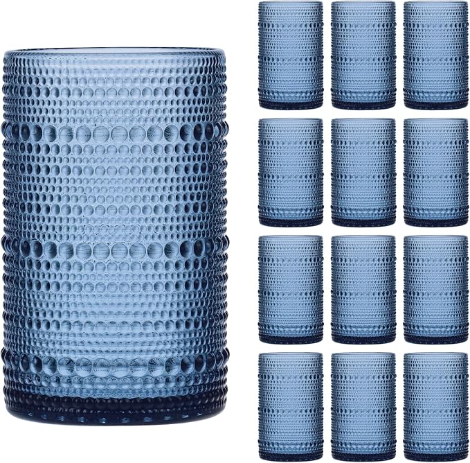 Moretoes Large 15oz Blue Hobnail Drinking Glass Set of 12 | Vintage Glassware,Embossed Glass Cups,Water Tumbler,Highball Glasses For Beer, Juice And Various Mixed Drinks