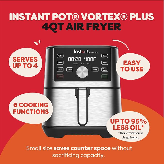 Instant Pot 4QT Vortex Plus 6-in-1 Mini Air Fryer, Custom Program Options, Crisps, Broils, Roasts, Dehydrates, Bakes, Reheats, 100+ In-App Recipes, Stainless Steel,4 Quarts
