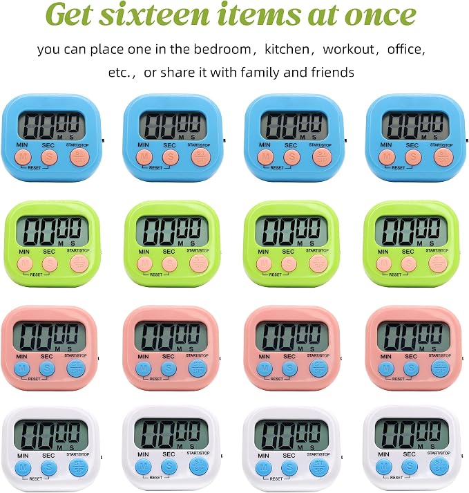 16 Pack Multi-Function Electronic Timer - Kitchen Timer,Magnetic Digital Timers,Big LCD Display, ON/Off Switch,Extensively Use in Cooking,Gym, Meeting, Classroom,Kitchen,Study,Work,Outdoor Activities