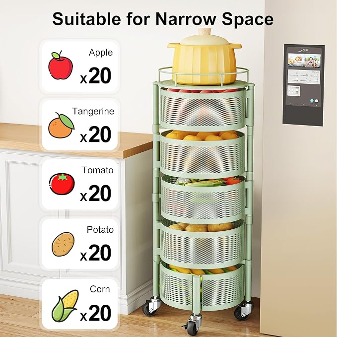 SAYZH 5 Tier Fruit Vegetable Basket Stand for Kitchen, Rotating, Green | Rolling Storage Cart with top lid, Large Metal Wire Rack for Potato and Onion Storage