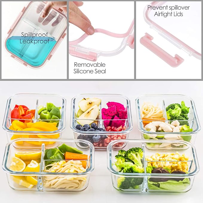 [5-Pack,36 Oz] Glass Meal Prep Containers 3 Compartments with Locking Lids | Divided Glass Portion Control Food Storage Containers with Lids, Glass Lunch Box with Dividers