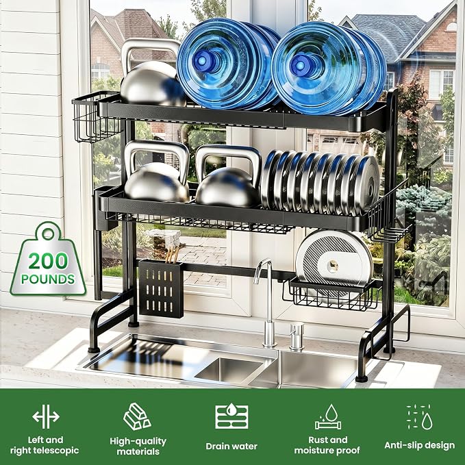 Over The Sink Dish Drying Rack, Adjustable 3 Tier Large Capacity Stainless Steel Drainer with Cutlery/Utensil/Cup Holder Hooks, Kitchen Storage & Organization, 25"-38" L x 11" W x 37.5" H, Black