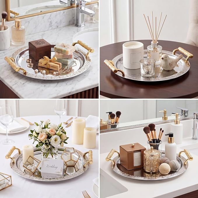 3 Pack Metal Serving Trays with Handles, Decorative Floral Platter Trays for Coffee Tea, Food, Dessert, Jewelry, for Buffet Wedding Party Kitchen Home Decor(Cute,Silver, Gold)
