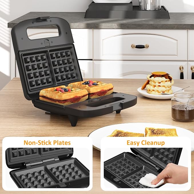 3 in 1 Electric Sandwich Maker with Removable Nonstick Plates - 800W,Black | for Belgian Waffle/Panini/Grill/Pancake Griddle/Breakfast,Dishwasher Safe,Cool Touch Handle,Easy to Clean & Store
