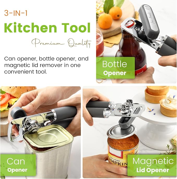 Spring Chef Stainless Steel Manual Can Opener with Soft Grip Handles, Gray | Heavy Duty Hand Can Opener for Seniors with Smooth Edge, Easy Turn, 3in1 Can Opener with Magnetic Lid Remover & Bottle Opener