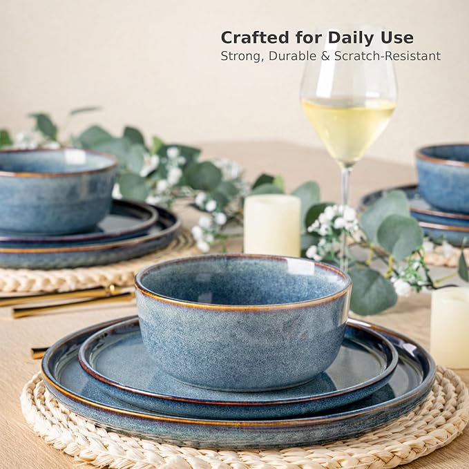 AmorArc Stoneware Dinnerware Sets for 4, 12Pcs Plates and Bowls Sets Dishes | Ceramic Round Reactive Glaze Dishes Set, Highly Scratch Resistant | Dishwasher & Microwave Safe Dishware