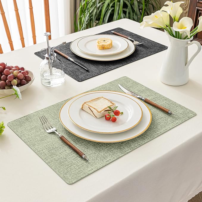 Romanstile Vinyl Placemats Set of 4, Reversible Faux Leather Heat Resistant Wipeable Table Mats, Waterproof Washable Non-Slip Table Placemats for Dining/Kitchen/Party/Outdoor (Grey Green, 12" x 17")