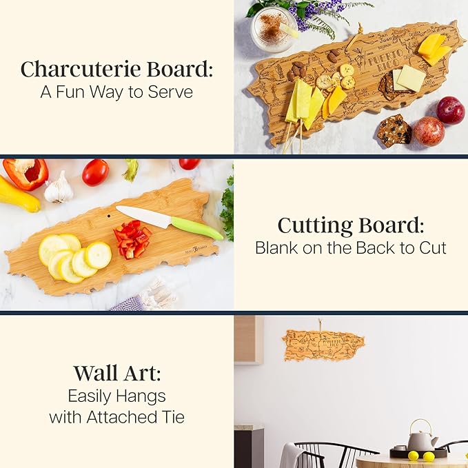 Totally Bamboo Destination Puerto Rico Cutting Board with Engraved Map Art | Puerto Rico shaped charcuterie board with engraved map art. Smooth back for food prep. Hang tie for wall display.