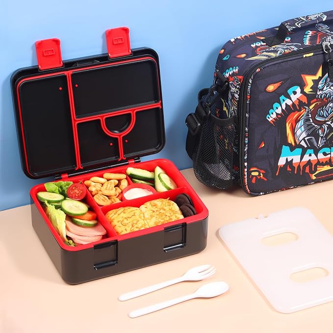 rockpapa Chill Bento Box for Kids- Large 5.5 Cups Lunch Box with Ice Pack - 5 Compartments, BPA-Free, Leak Proof, with Utensils & Portable Handle, Microwave/Dishwasher Safe (Black Dinosaur)