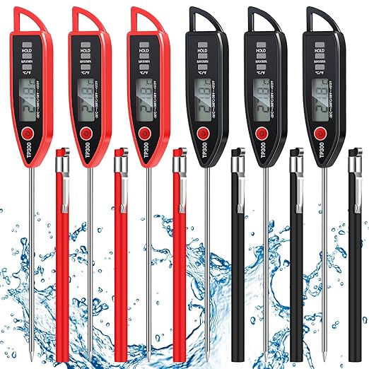 6 Set Digital Food Thermometer Long Probe Instant,Black, Red | Waterproof for Water Liquid Candle, Instant Temperature Read for Kitchen BBQ Grill Candy Meat, Foldable Probe Thermometer