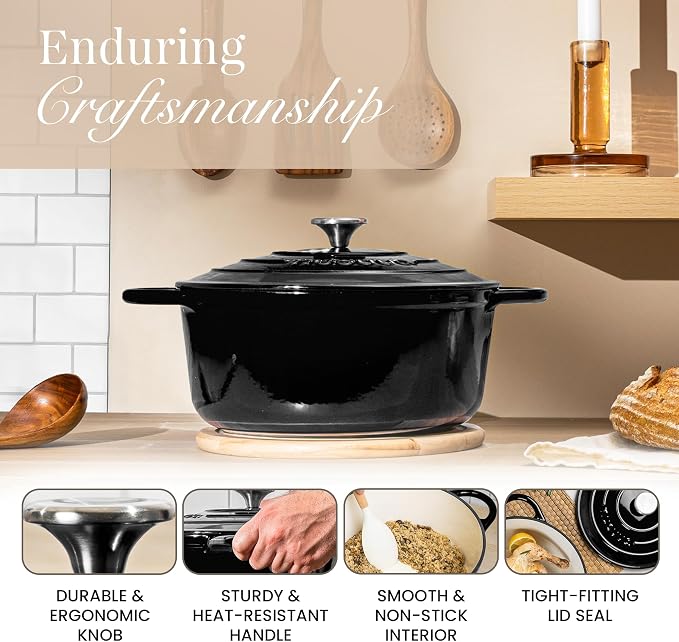 Cast Iron Dutch Oven with Lid-Non-Stick Ovenproof Enamelled Casserole Pot- Sturdy Dutch Oven Cookware - Black, 7.3- Quart, 30cm- by Nuovva