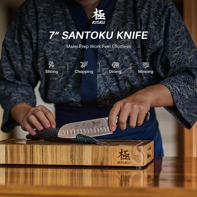 KYOKU Santoku Knife - 7" - Shogun Series - Japanese VG10 Steel Core Forged Damascus Blade - with Sheath & Case