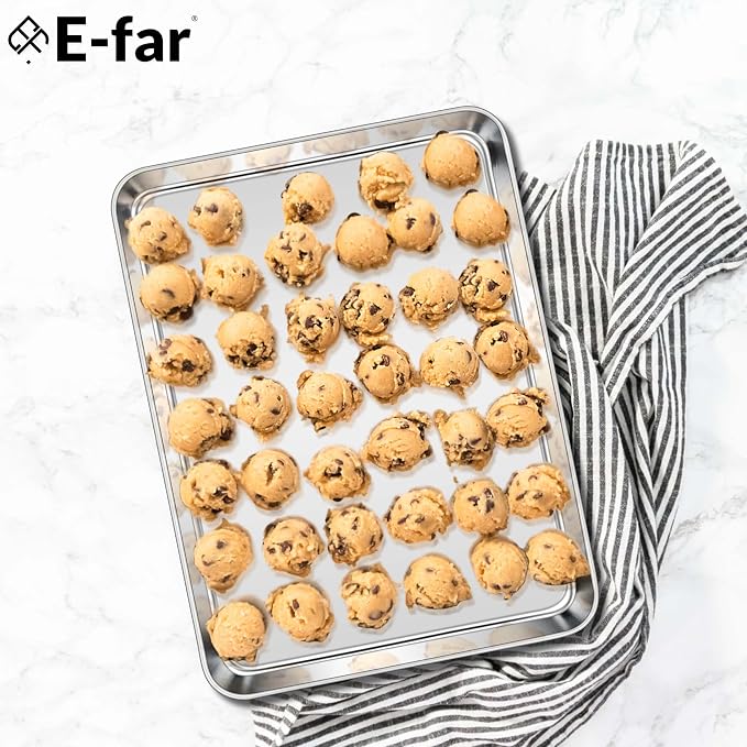 E-far Large Baking Sheet, 20"x14" Stainless Steel Cookie Sheet | Non Toxic Metal Baking Pan Tray for Cake Cookies, Healthy & Rust Free, Mirror Finish & Dishwasher Safe