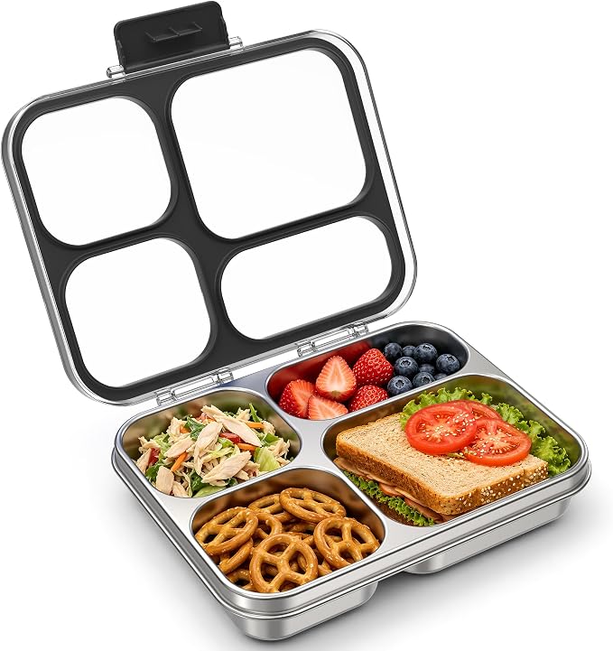 HOMEKOL Stainless Steel Bento Lunch Box, 4 Cups, Black | 4-Compartment Leak-Proof Metal Lunch Container for Kids & Adults, BPA/BPS-Free, Dishwasher Safe, Clear Lid, (Not Insulated)