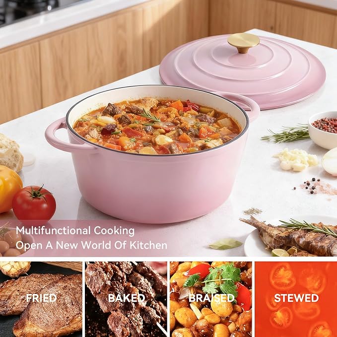 Miereirl 4.5 Quart Enameled Dutch Oven Pot with Lid, Cast Iron Dutch Oven with Dual Handles for Bread Baking, Cooking, Non-stick Enamel Coated Cookware, Pink