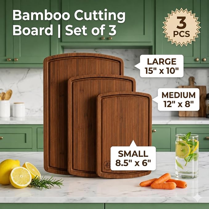 Bamboo Cutting Boards for Kitchen, Non Toxic Wooden Chopping Board Set | Carbonized Dark Color, Deep Juice Groove, Knife-Friendly, Side Handles, Reversible, for Meat, Veg, Fruit, Cheese