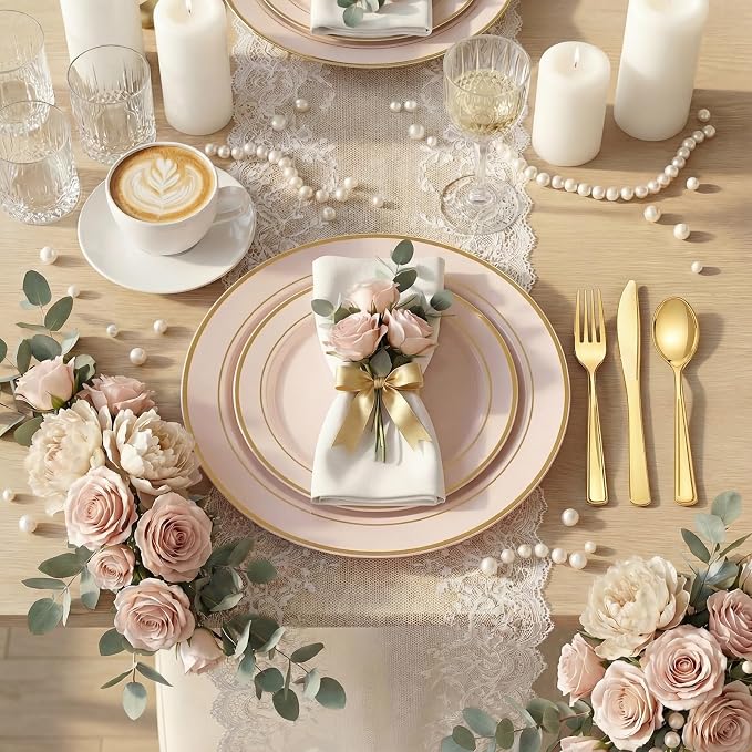 350PCS Pink Disposable Plates - Pink Plastic Plates 50Guests Plastic Dinnerware Sets with Rolled Napkins for Wedding/Birthday/Baby shower