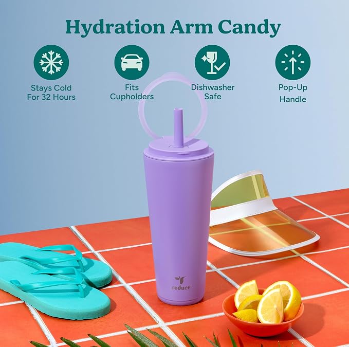 REDUCE Halo 32 oz Stainless Steel Vacuum Insulated Tumbler - Spill Proof Travel Mug with Flip Handle Lid - Keeps Drinks Cold for 32 Hrs - Dishwasher Safe - Cupholder Friendly - Purple Punch