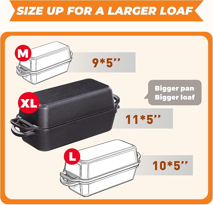 GRMImosa Cast Iron Loaf Pan 11x5 Inch with Lid, 5.8 Qt Bread Pan, Black | Heavy-duty Large Cast Iron Loaf Pan with Lid for Sourdough Bread, 5.8 Qt Pre-Seasoned Baking Pan, Even Heat Distribution