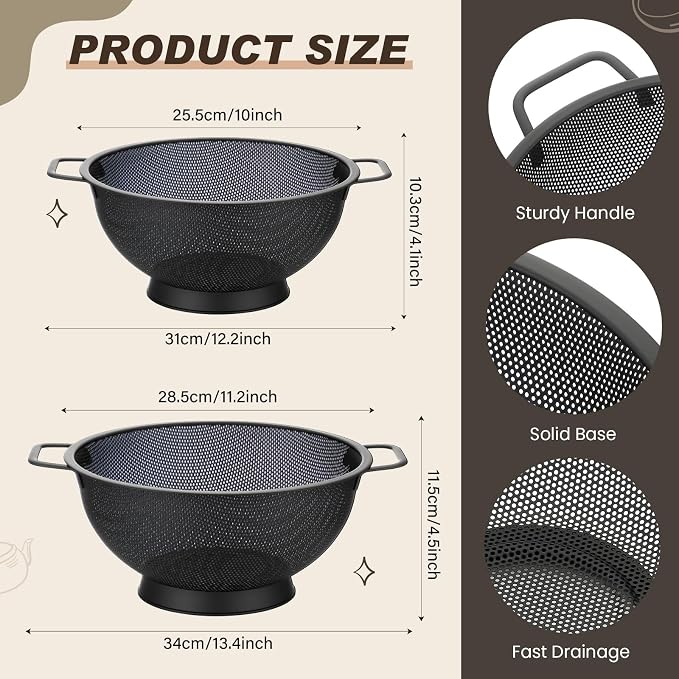 2 Pcs Matte Black Colander for Kitchen, 4 and 5 Qt, Stainless Steel Colander with Handle, Pasta Strainer for Spaghetti Food Fruits Berry Vegetables, Elevated Pedestal Foot
