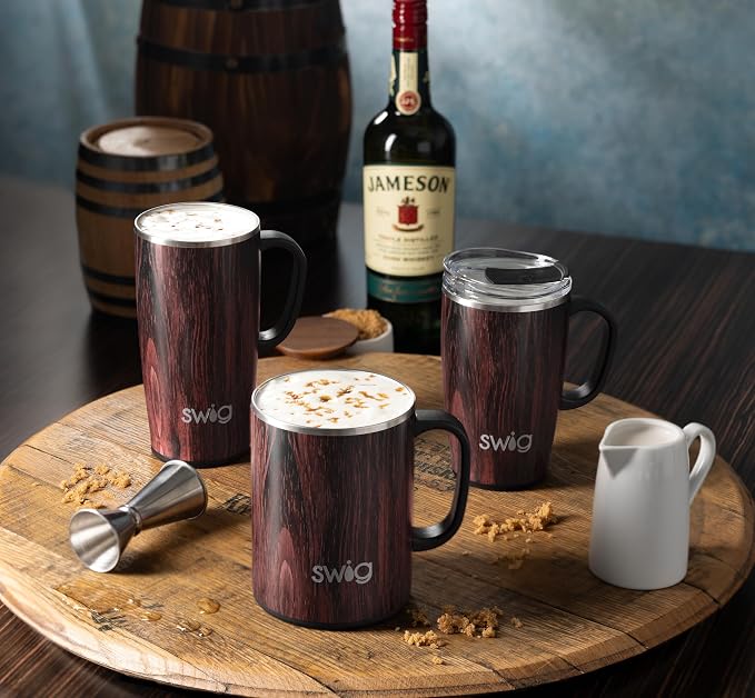 Swig Life 24oz Travel Mug, Bourbon Barrel | Triple Insulated Stainless Steel - Handle & Lid Included - Keeps Coffee Hot or Cold - Cup Holder Friendly