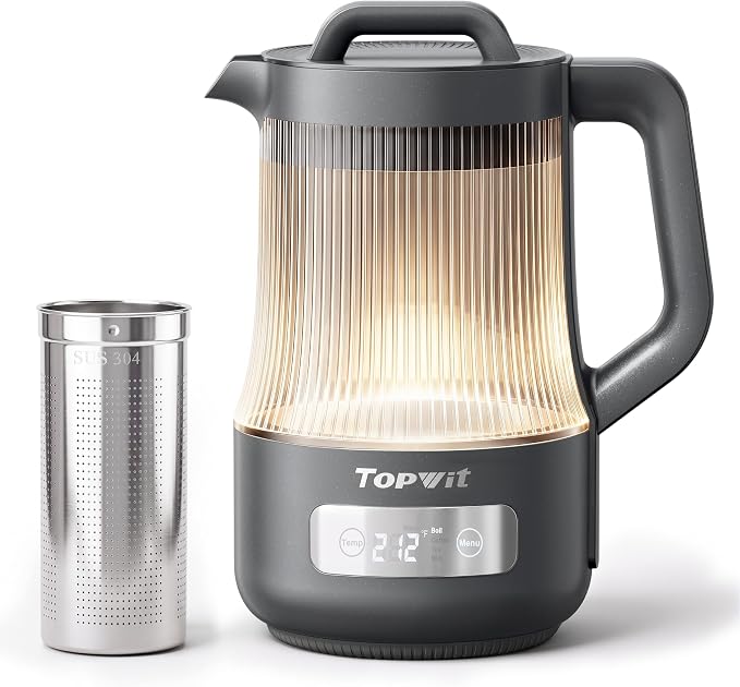 TOPWIT 1.6L Smart Glass Electric Kettle with Temperature Control ±9℉ | Removable Stainless Steel Tea Infuser, Digital Touchscreen, 12 Hours Keep Warm, Auto Shut-Off, Ideal For Family Use, Grey
