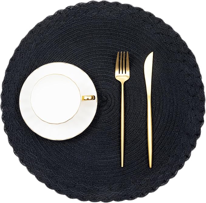 SHACOS Round Placemats Set of 4 Boho Braided Border 15 inch Circle Place Mats Washable Fabric Table Mats for Kitchen Dining Table, Black