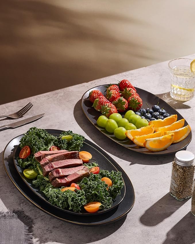 famiware Serving Platters Set of 3 Sizes - Oval, Matte Dark Charcoal | 15.59"/14.3"/12.9" Fine Stoneware Serving Trays for Party, Entertaining for Food, Turkey, Cheese, Microwave Dishwasher Safe