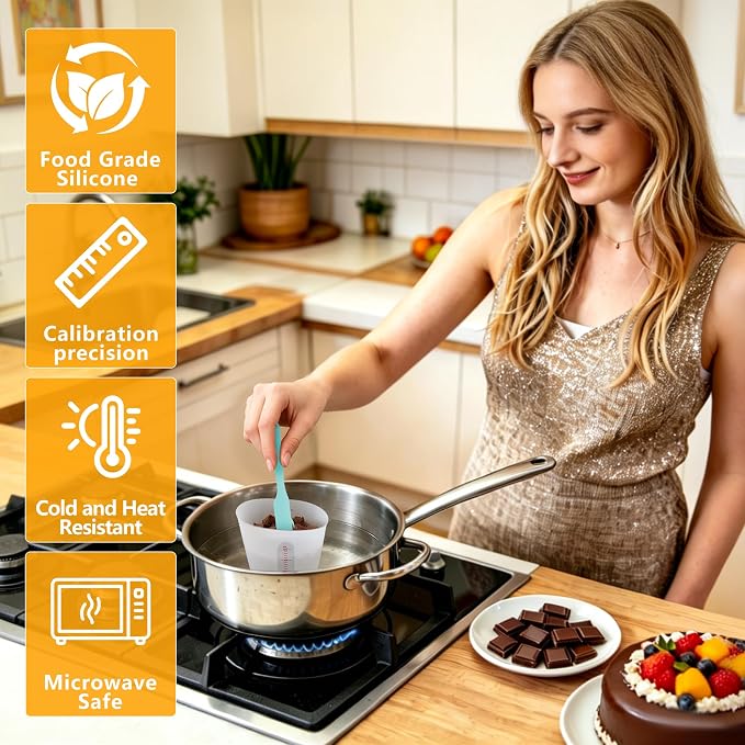 Food-Grade Silicone Chocolate Melting Cup Set with 3Pcs BPA Free Silicone Measuring Cups (1/2Cup/1Cup/2Cup) and 3Pcs Heat-Resistant Jar Spatulas, Non-Stick Baking Supplies for DIY Chocolate